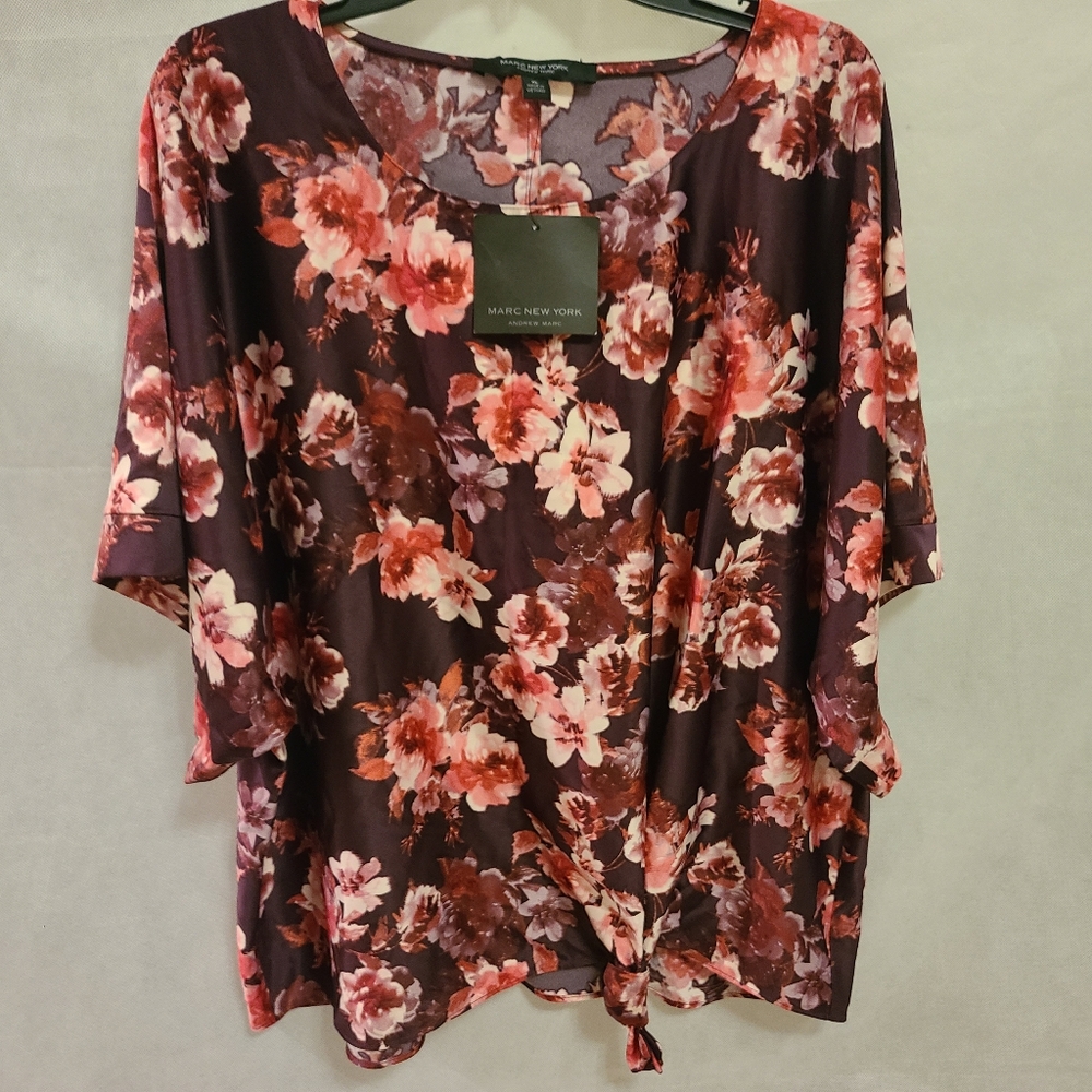 Marc New York Andrew Marc Women's Floral Short Sleeve Tie Front Blouse Sz XL